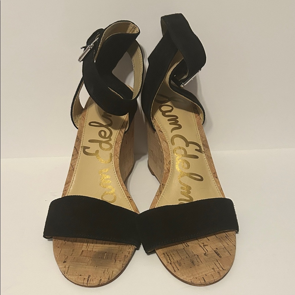 Sam Edelman Black Suede Cork Wedge Sandals